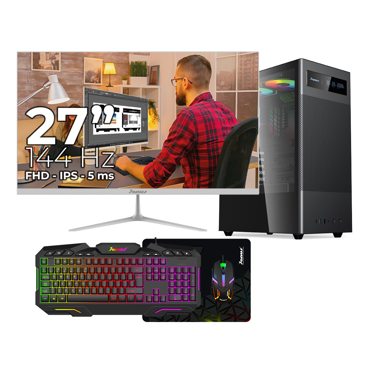 Computador Janus Gamer IA AMD Ryzen 7 8700G y Monitor 27 IPS Blanco